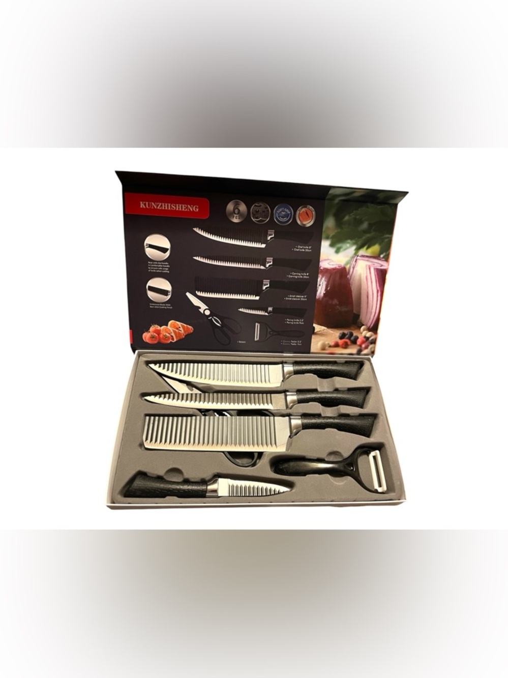NIB 6-Piece Kitchen Knife Set with Black Handles - Serrated Stainless Blades